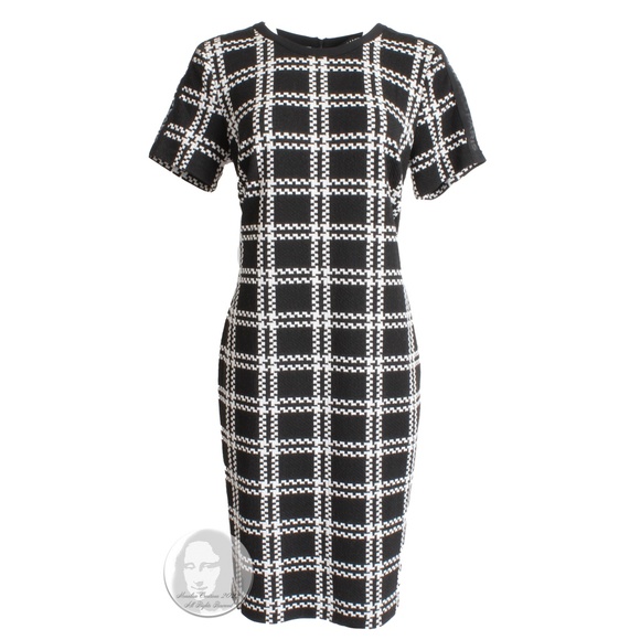 Karl Lagerfeld Dress Jagged Plaid Knit Tweed Sheath Dress In Black Soft White 12 - Picture 1 of 9